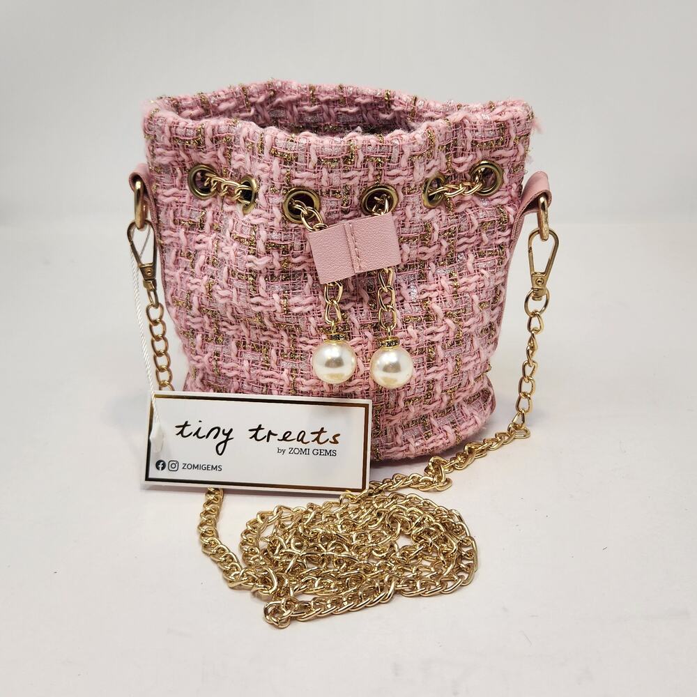 Tiny Treats by Zomi Gems Pink Gold Tweed Girls Bucket Bag Crossbody Faux Pearls